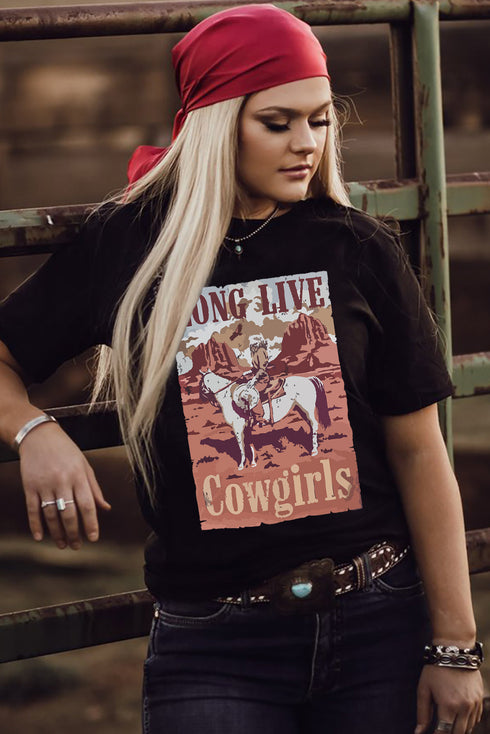 Black Long Live Cowgirls Graphic Print Short Sleeve T Shirt